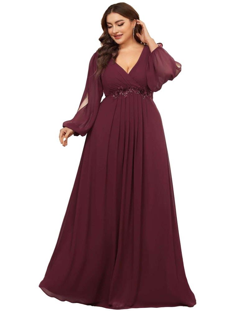Front of a model wearing a size 24 Chiffon V-Neckline Long Sleeve Formal Evening Dress in Burgundy by Ever-Pretty. | dia_product_style_image_id:284539